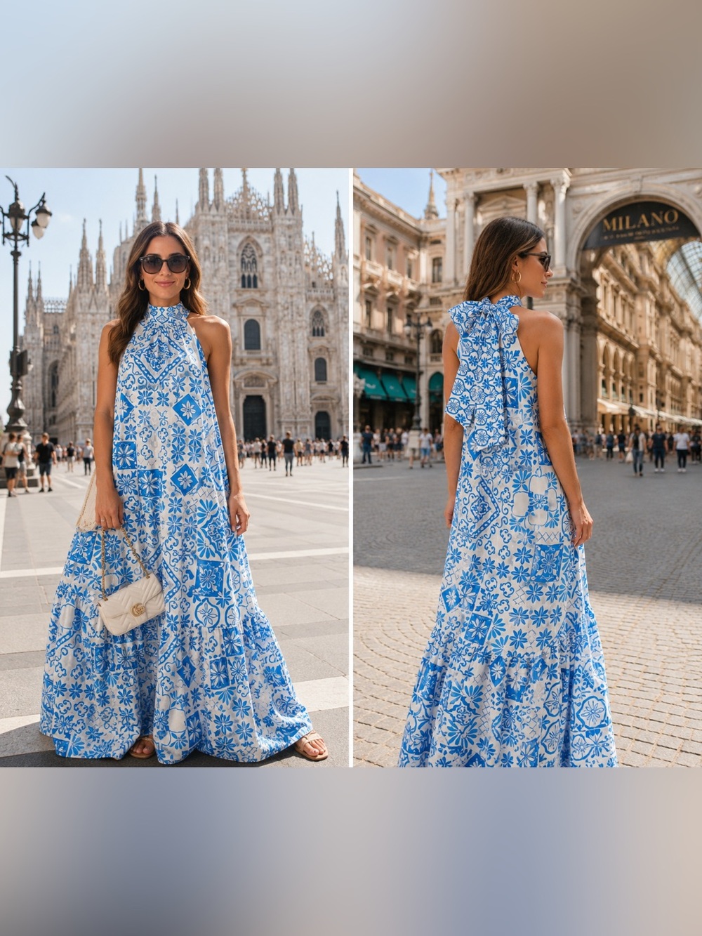 Boho Tile-Print Halter Maxi Dress in Blue & White